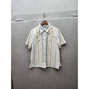 Alfred Dunner Petite 14P Womens Striped Embroidered Button-Up Blouse Short Sleev